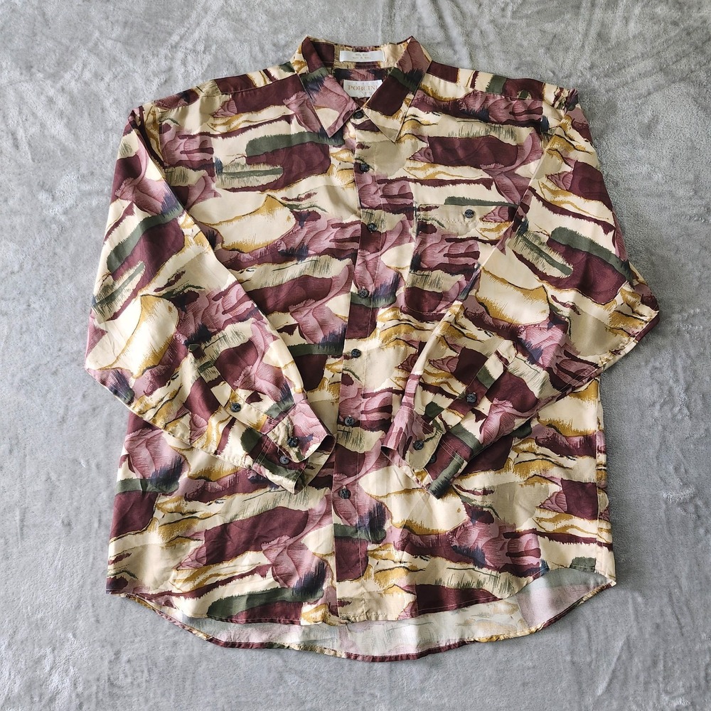 Vintage Porcini Brigata Silk Abstract Artistic Tribal Long Sleeve Shirt Men's XL